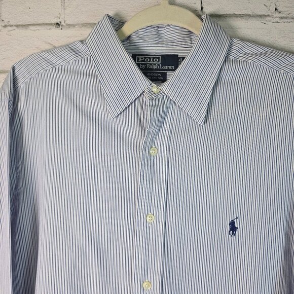 POLO RALPH LAUREN LONG SLEEVE BUTTON DOWN BLUE AND WHITE PINSTRIPE SIZE XL - Picture 1 of 5